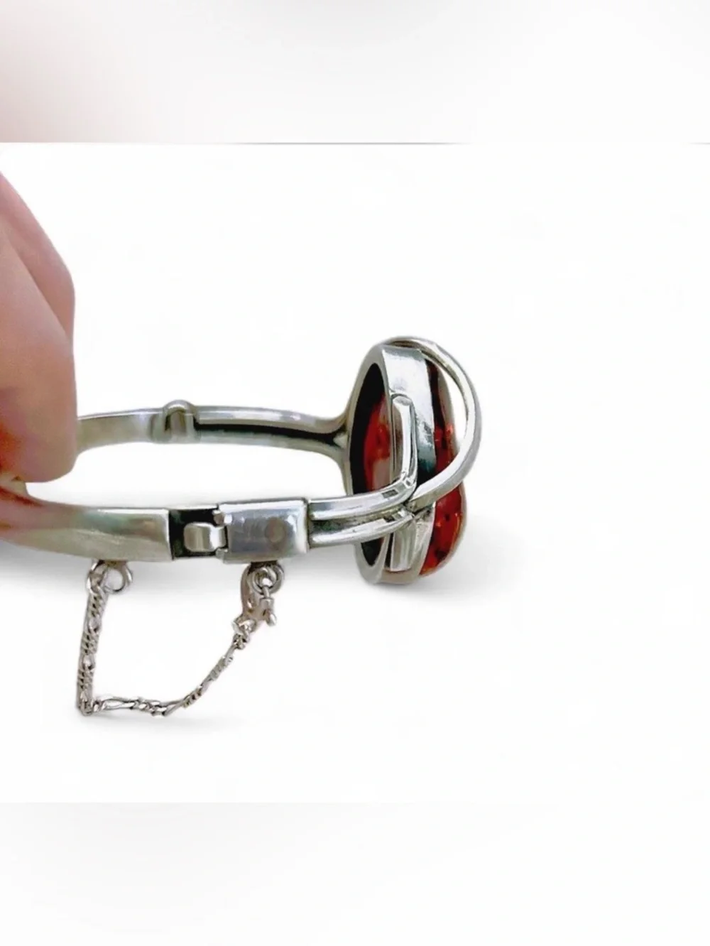 Oversized Baltic Amber & Sterling Silver Modernist Cuff Bracelet (Vtg) - Picture 5 of 15